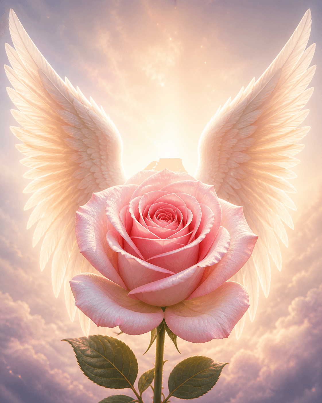 A pink rose with luminous angel wings rising from a dawn sky